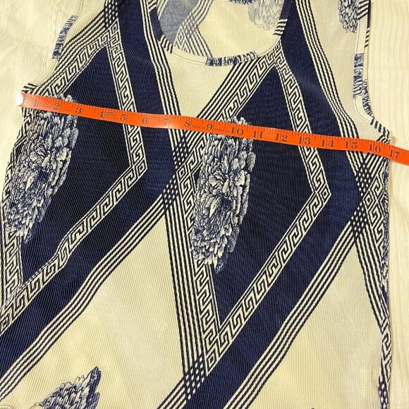 Vintage Ruched Crinkle Sleeveless Print Top Navy White - M - Picture 10 of 10
